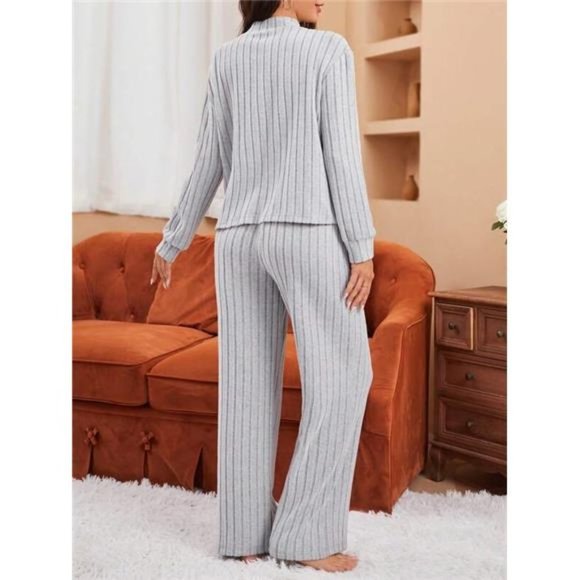 Women's Solid Color Stand Collar Knitted Ribbed Loungewear Set - Picture 5 of 7